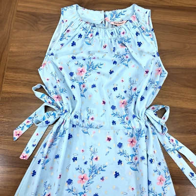 Vestido midi floral Juicy Couture para mujer azul dorado con corbata de lluvia talla M Foto 1 de 4