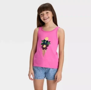 Cat & Jack Girl’s XL 14 Tank Top Sequin Flip Pink Floral Ice Cream Cone New - Picture 1 of 1
