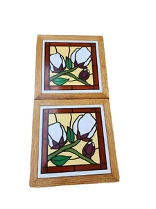 Set Of 2 VTG Ceramic Rose White Tulip Trivet Tile Kitchen Wood Framed Wall Decor - Picture 1 of 6