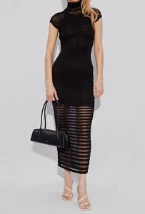 Alaïa Women's Black Silk Contrast Striped High Neck Open-Back Dress Size 38 - Picture 1 of 5