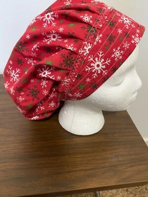 SNOWFLAKES ON RED BOUFFANT SURGICAL NURSES SCRUB HAT BOUFFANT,CHEMO, TECH - Image 1 of 2