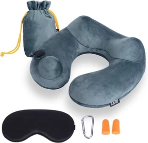 Travel Inflatable Neck Pillow,Eye Mask,Earplugs & Clip,Airplanes,Cars,Bus,Train - Picture 1 of 7
