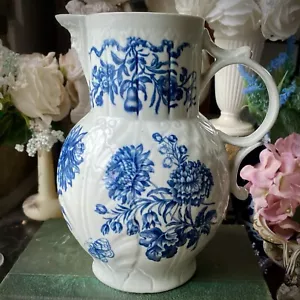 18C Worcester Porcelain Jug Mask & Cabbage Leaf Blue & White Crescent Mark VGC - Picture 1 of 13