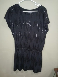 Express Black Sequins Dress Short Sleeve Above Knee Petite Small Lined Party  - Picture 1 of 7