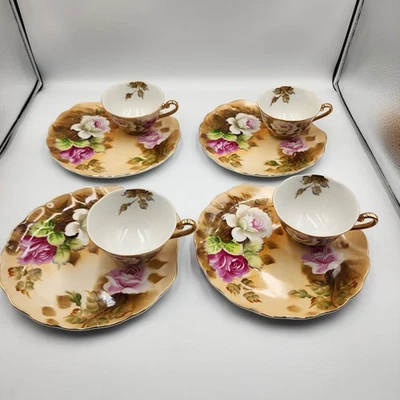 Lefton Heritage Rose Brown/Gold Snack set matching plates and cups ORIGINAL BOX - Image 1 of 4