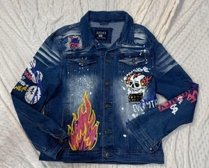 R3bel Denim Jacket Graffiti Skull Studded Distressed Jean Jacket Large - Picture 1 of 9