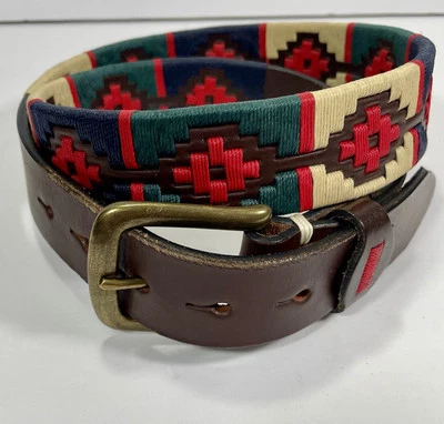 Cinturón Polo Marrón Blanco/Rojo/Verde Cuero Argentino Azteca Cosido a Mano 95 cmTalla M Foto 1 de 4