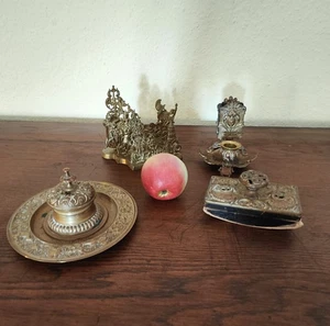 Gründerzeit Schreibtisch Garnitur Set Engel Löwen Verzierungen Messing/Bronze - Picture 1 of 19