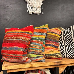 Indian Rag Rug Cushion Covers Multicoloured Eco-Friendly 100% Cotton | 40x40cm - Picture 1 of 9
