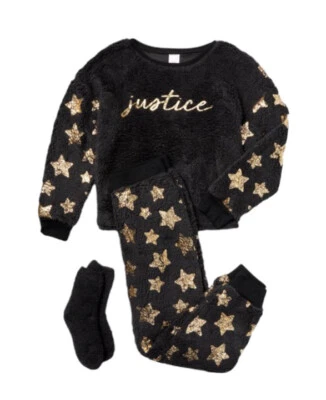 Justice Girls Pajamas Black Size 16/18 Plush Sherpa Top Pants Logo 2 Piece Set - Image 1 of 4