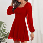 (Red S)Mesh Long Sleeve Dress High Waist Multi Layer Solid Color Dress Back GFL