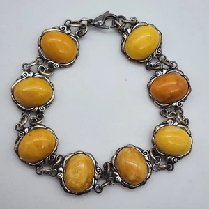 Vintage Butterscotch Egg Yolk Amber Cabochon - Sterling Silver Bracelet - 7.75" - Picture 1 of 20