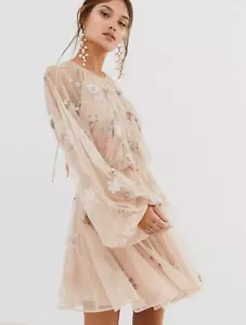 ASOS EDITION abito a rete floreale con perline e manica a palloncino nudo pesca nuovo con etichette - Foto 1 di 6