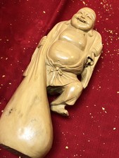 CHINESE VINTAGE 10" HAPPY LAUGHING BUDDHA HANGING ON MONEY BAG MADE OF WOOD