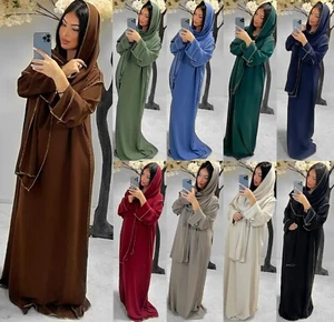 Ladies Gold Trim Dubai Abaya With Scarf Muslim Ramadan Prayer Long Maxi Dress - Picture 1 of 22