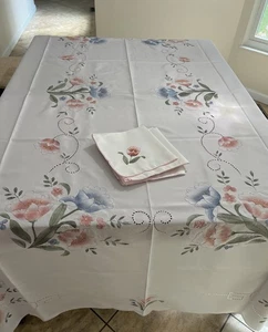 Unused Large sheer Poly rayon blend tablecloth/napkin set Emb. flowered pattern - Picture 1 of 16