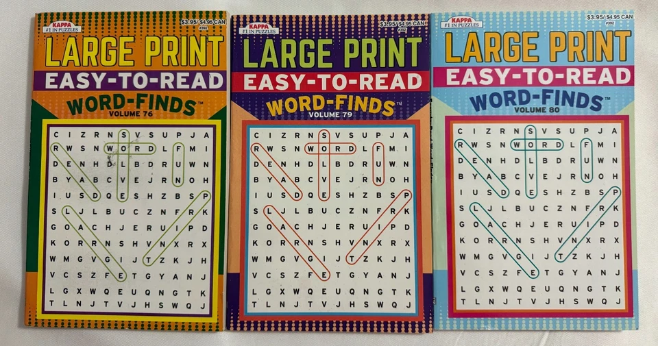 Lot (3) Kappa LARGE PRINT Easy-To-Read Word-Finds Puzzle Books Vol. 76, 79 & 80 - Image 1 of 1