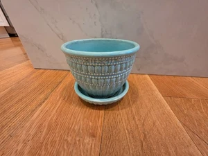 VTG 60s MCM McCoy 5.25" Planter Beaded Flower Pot Robins Egg Blue Aqua Hobnail - Picture 1 of 12