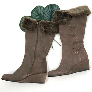 Botas altas Bandolino marrón de lujo de piel sintética con cordones de cuña cierre de cremallera lateral zapatos - Imagen 1 de 10