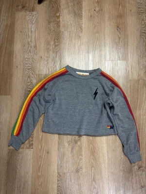 Aviator Nation Sweatshirt Womens XS Gray Lightning Bolt Cropped Crewneck Rainbow - Image 1 of 4