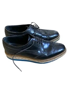 Prada Oxford Wingtip Platform Derby 37 1/2 Black Leather Brogue Lace Shoe - Picture 1 of 7