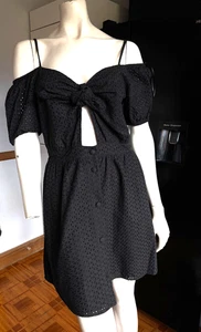 VGC Ladies ZARA Jet BLACK Strappy BRODERIE ANGLAISE CUT OUT TIE FRONT Dress L - Picture 1 of 8