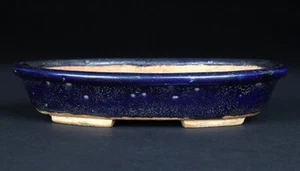 Japanese Bonsai Pot HEIAN TOFUKUJI φ5.8"(14.8cm) Dark Blue Glazed Oval K365 - Picture 1 of 7