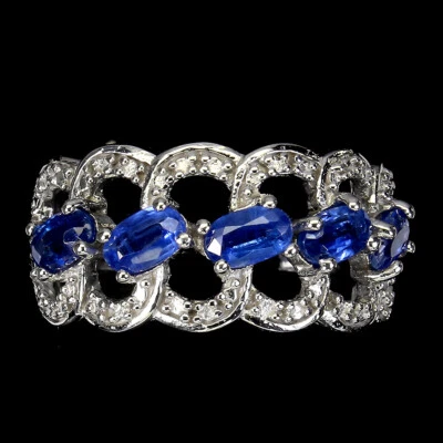 925 Anello Argento Sterling Ovale Cianite Zaffiro Naturale Gemma Misura 7.5 - Immagine 1 di 4