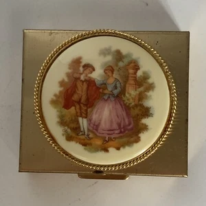 Metal Pill Box w/ Mirror Hinged Courting Couple Vintage Compact Trinket Square - Picture 1 of 11