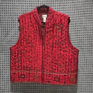 Red Silk Quilted Puffer Vest XL Chicos 3 Zip Beaded Embroidered Statement Asian - Picture 1 of 19