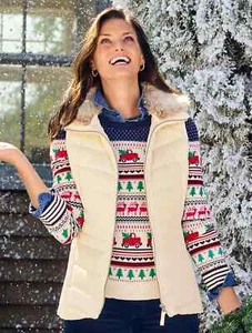 Talbots Puffer Vest Faux Fur W/ Removeable Collar Genuine Down Full Zip Choose - Picture 1 of 5