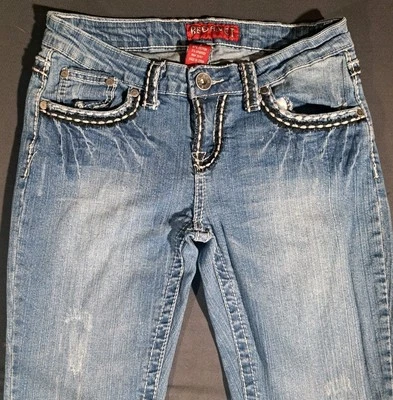 Jean Rojo Remache Azul Jr Talla 7 Punto Grueso Envejecido Pierna Ajustada Tiro Bajo Foto 1 de 4