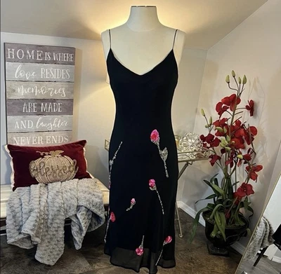 Vintage Y2K Betsey Johnson Whimsigoth 100%  Silk Floral Embellish Slip Dress 10 - Image 1 of 4