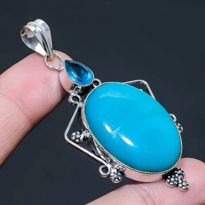 Calcedonio verde, pietra preziosa topazio blu ciondolo gioiello in argento st... - Immagine 1 di 4