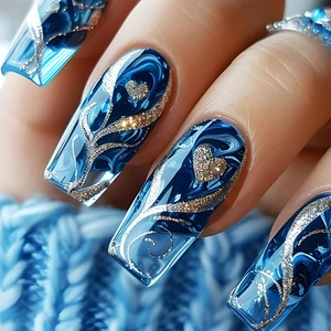 Gold Curve Line Press on Nails Sea Medium Square Fake Nails 24Pcs Glossy Blue Gr - Picture 1 of 11