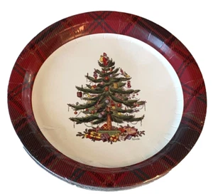 Spode Christmas Tree Plaid Plates COATED PAPER Luncheon Dessert 16 Count 8" - Picture 1 of 4