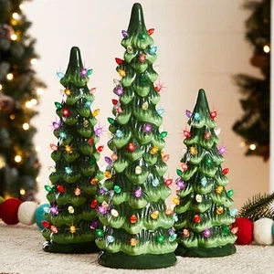 Set of 3 Ceramic Christmas Trees Pre-Lit Hand-Painted Holiday Decor LED Lights - Picture 1 of 6