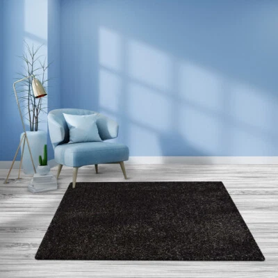 Eco-Friendly Hand Tufted Shag Polyester Square Area Rug Solid Silver Black BBH - Image 1 of 4