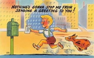 Vintage Comic Postcard: Boy & Dog Running to Mailbox, Linen, Unposted - Picture 1 of 2