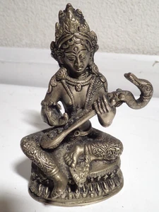 Vintage Solid Copel Goddess of Music Saraswati Statue Hindu Figure Indian Decor - Picture 1 of 5