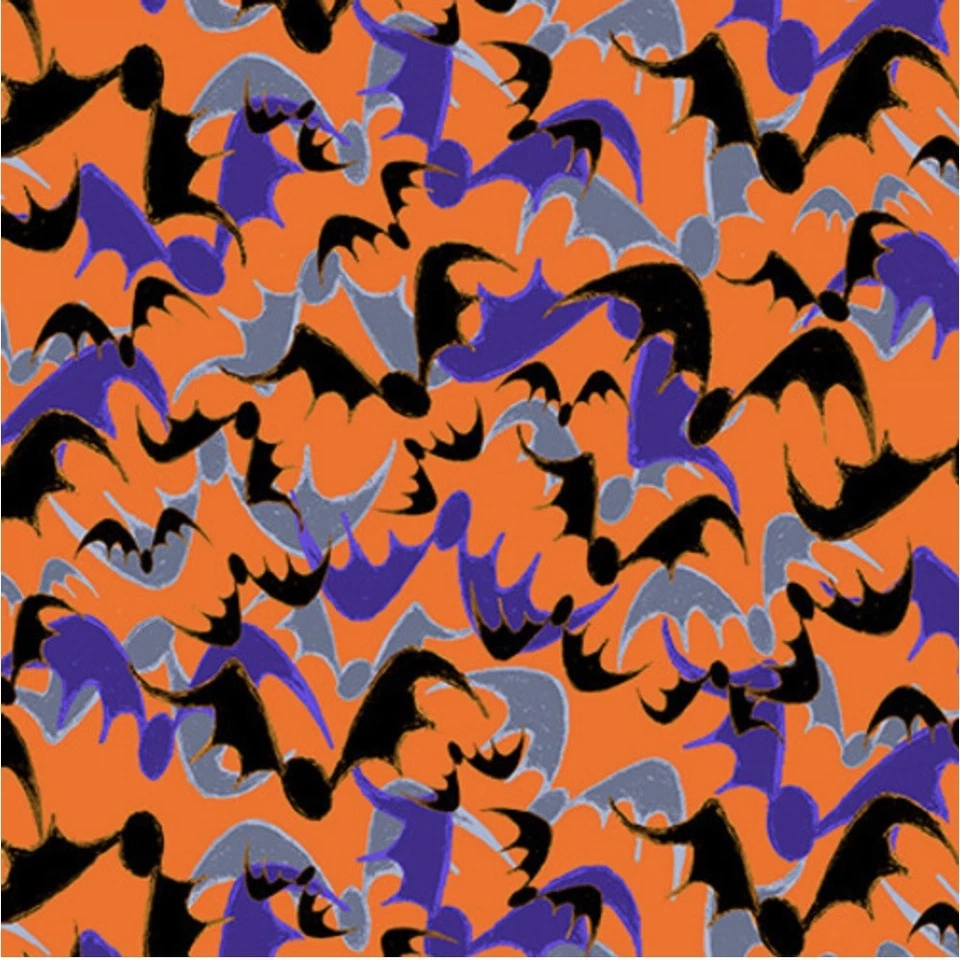 Acolchado en blanco Pensamiento de brujas Murciélagos de Halloween Naranja Tela de algodón por yarda Foto 1 de 1