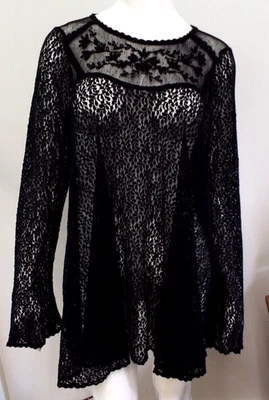 Vestido Free People Negro Encaje Trapecio Transparente Mangas Largas Campana Grande Con Cuentas Foto 1 de 4