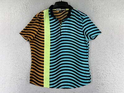 Camisa Jamie Sadock Mujer Mediana Azul Marrón Rayas 1/4 Cremallera Manga Corta Plisada Foto 1 de 4