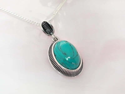 Türkis Collier Silber 925 Halskette 45 cm Türkis oval echt Sterlingsilber gz230 - Bild 1 von 2