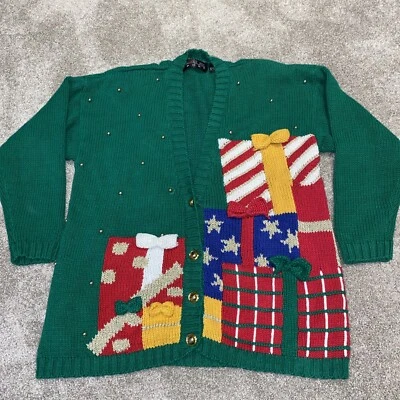 Vintage Chaus Sport Ugly Christmas Cardigan  Green Shoulder Pads Woman’s Size M - Image 1 of 4