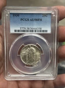 1930 25c PCGS AU58 FH Silber Vollkopf Stehend Liberty Quarter Münze - Bild 1 von 2