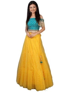 New Women Net Semi-stitched Lehenga Choli Set Blue & Yellow (Blouse-Unstitched) - Picture 1 of 3