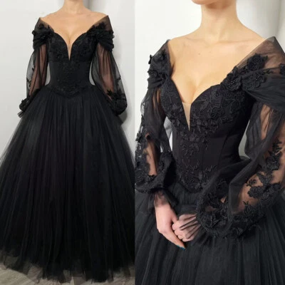 Black Wedding Dresses V Neck Lace Appliques Long Sleeves Gothic Bridal Gowns - Image 1 of 4