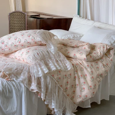 French Princess Bedding Set 100% Cotton Layer Flowers Lace Patchwork Bedskirt - Image 1 of 4