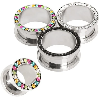 PAIR of 316L Surgical Steel Multi Cubic Zirconia Screw Fit Tunnel Plug - Image 1 of 4